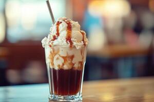 Delicious floating ice cream sundae in a cozy cafe photo