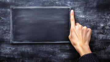 Educator pointing at a blank blackboard with a symbolic gesture. photo