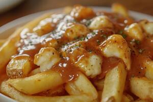 Deliciously served poutine with gravy and cheese curds photo