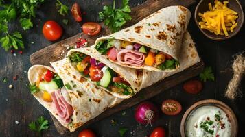 Delicious tortilla wrap containing ham, vegetables, and cheese. photo