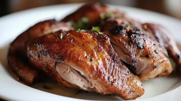 roasted duck served on a white plate. photo