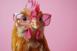 Stylish chicken wearing glasses with a pink background photo