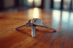 Shiny metal keys resting on a wooden table at sunset photo