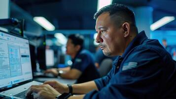 A Focused Technician Working Late in a Modern Data Center photo