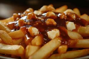 Delicious poutine topped with rich gravy and cheese curds photo