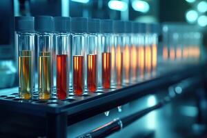 Colorful test tubes glimmering in the laboratory at dusk photo