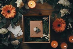 Elegant floral arrangement with a heartfelt letter indoors photo