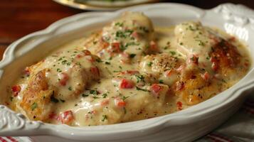 Creamy Chicken and Red Pepper Dinner in a White Serving Dish photo