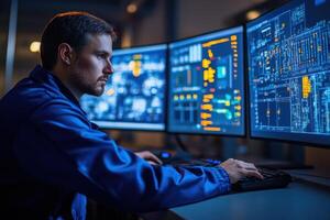 Focused technician analyzing data on multiple monitors late at night photo