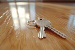 Shiny keys resting on polished wooden floor in sunlight photo