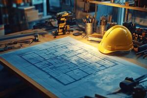 Architectural design plans on a workspace table at night photo