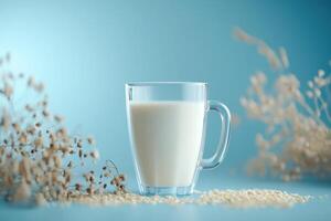 Creamy oat drink in a clear glass with delicate decor photo