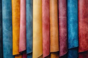 Vibrant leather hides displayed in a colorful array photo