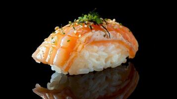 A Single Salmon Nigiri Sushi Piece Glistens Against a Black Background photo