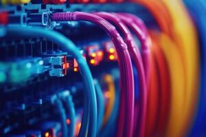 Colorful network cables connect servers in a tech hub photo