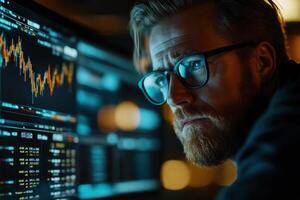 Focused trader analyzing market data at night photo