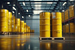 Yellow barrels lined up in a spacious warehouse setting photo