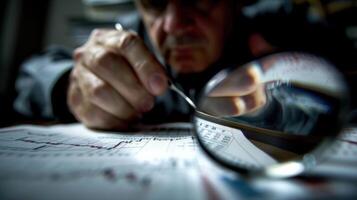 A Man's Focused Gaze Through a Magnifying Glass on Financial Data photo