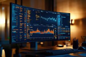 Data analytics workstation at night showcasing vibrant visualizations photo