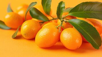 A Cluster of Ripe Kumquats With Lush Green Leaves on a Vibrant Orange Background photo
