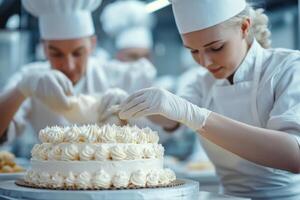 Bakery chefs creating a stunning cake in the kitchen photo