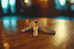 Keys resting on a polished wooden table in a warm room photo