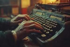 An author types on an old typewriter in warm light photo