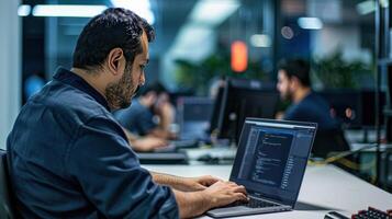 A Focused Programmer Works Late Into the Night in a Modern Office photo