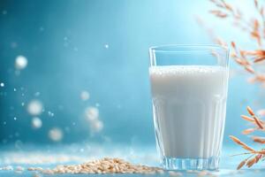 Refreshing glass of oat milk beside scattered grains photo