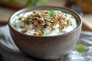 Delicious yogurt topped with crunchy granola and seeds photo