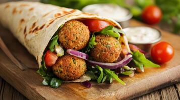 Falafel wrap loaded with fresh salad and ripe tomatoes. photo