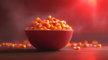Dimly lit bowl of candy corn with a Halloween theme. photo