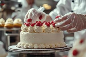 Expert pastry chef decorates a luscious cake with berries photo
