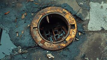 Damaged drain cover on a sewer pipe obstructed by debris. photo