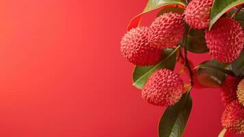 A Branch of Ripe Lychees Against a Vibrant Red Background photo