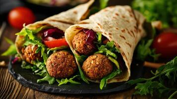 Fresh falafel wrap featuring a crisp salad and juicy tomatoes. photo