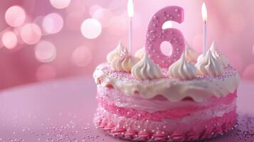 Pink Six-Year-Old Birthday Cake With Sparkling Lights photo