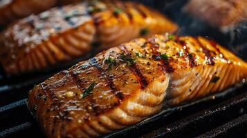Detailed view of a grilled salmon fillet with a crispy exterior. photo