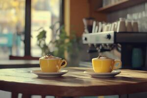 Cheerful yellow cups of coffee on a rustic table photo