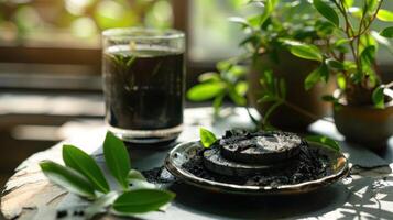 A Glass of Charcoal Water With Plants in the Background photo
