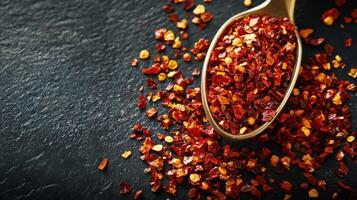 A spoonful of crushed red chili flakes placed on a dark table surface. photo