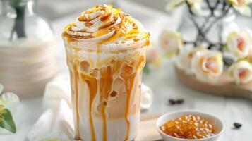 A Sweet Treat Drizzled Caramel Latte With Whipped Cream and a Touch of Floral Elegance photo