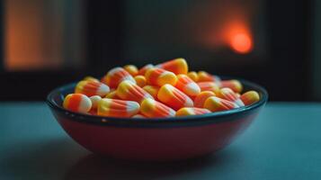 Halloween-themed bowl filled with candy corn in a dim light. photo