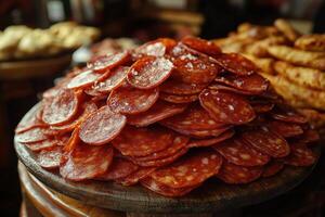 Savoring the vibrant layers of sliced cured meat at a bustling market photo