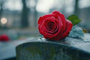 A delicate red rose resting on a weathered tombstone in the rain photo