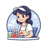 A woman in an apron is working at a counter vector
