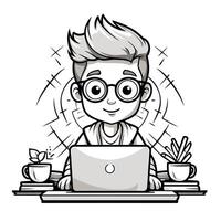A cartoon boy with glasses sitting at a desk with a laptop vector