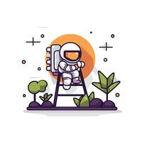 Astronaut on ladder with plants and trees vector