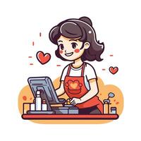 A woman in an apron is working on a computer vector