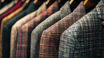 Detailed View of Plaid Jackets Displayed on a Clothing Rack photo